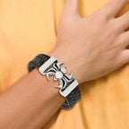 Stainless Steel Antiqued and Polished Spider Black Braided Leather Bracelet for Men