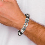Stainless Steel Antiqued and Polished 10mm Black Agate Beaded Stretch Bracelet for Men
