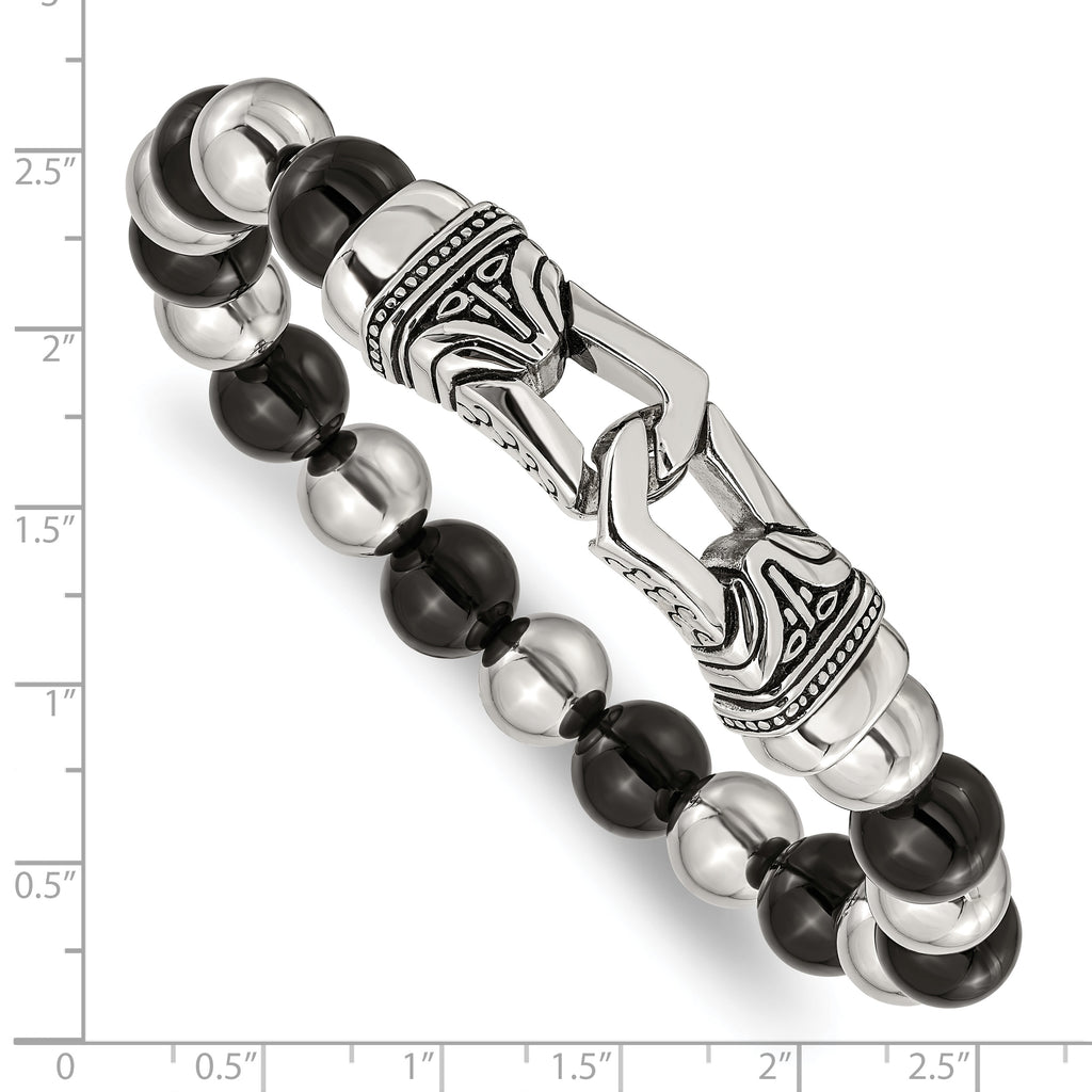 Stainless Steel Antiqued and Polished 10mm Black Agate Beaded Stretch Bracelet for Men