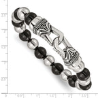 Stainless Steel Antiqued and Polished 10mm Black Agate Beaded Stretch Bracelet for Men