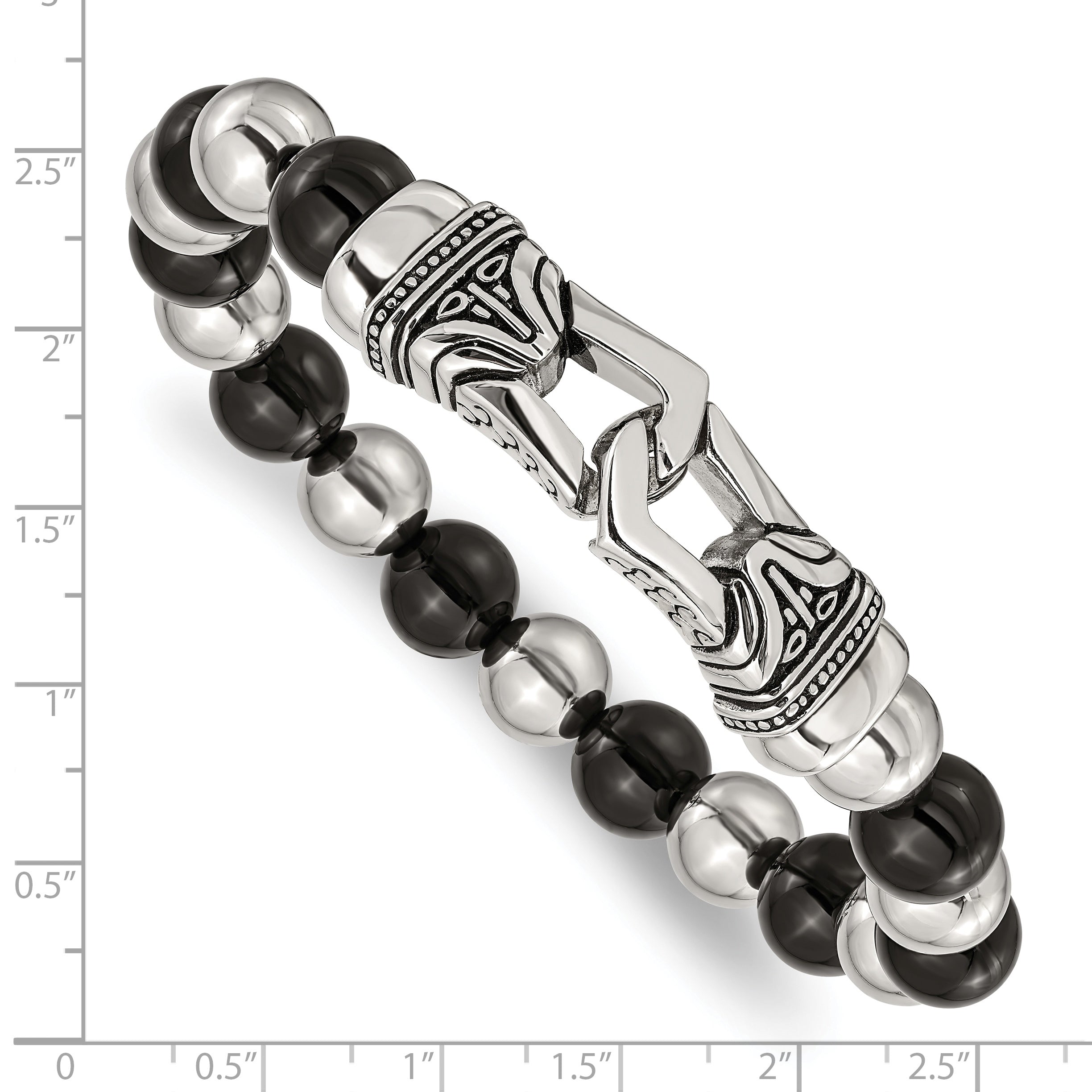 Stainless Steel Antiqued and Polished 10mm Black Agate Beaded Stretch Bracelet for Men