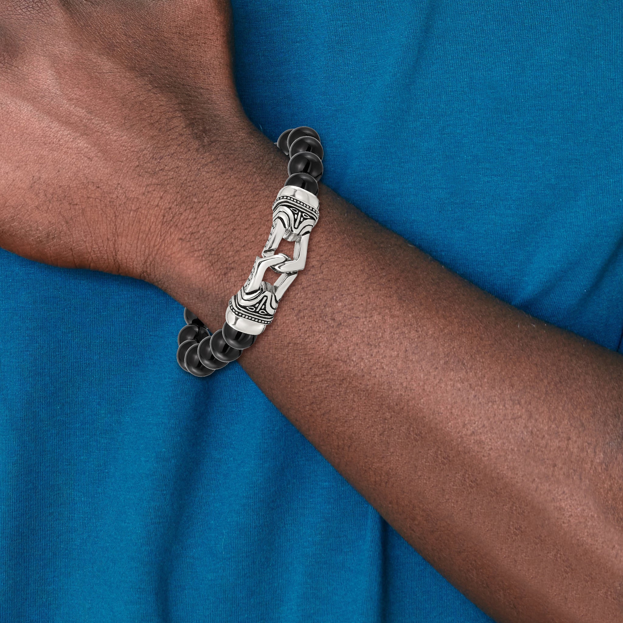 Stainless Steel Antiqued and Polished 10mm Black Agate Beaded Stretch Bracelet for Men