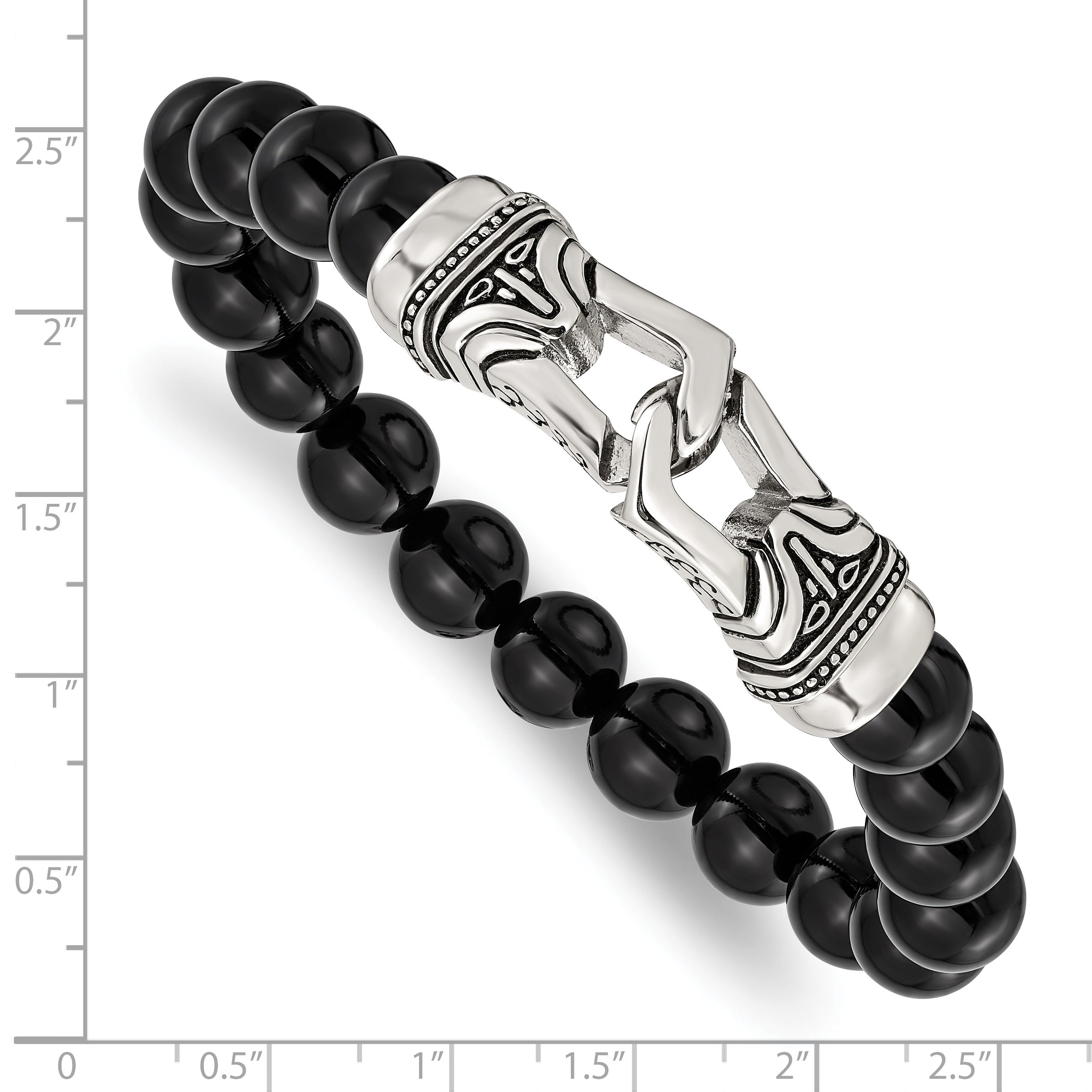 Stainless Steel Antiqued and Polished 10mm Black Agate Beaded Stretch Bracelet for Men