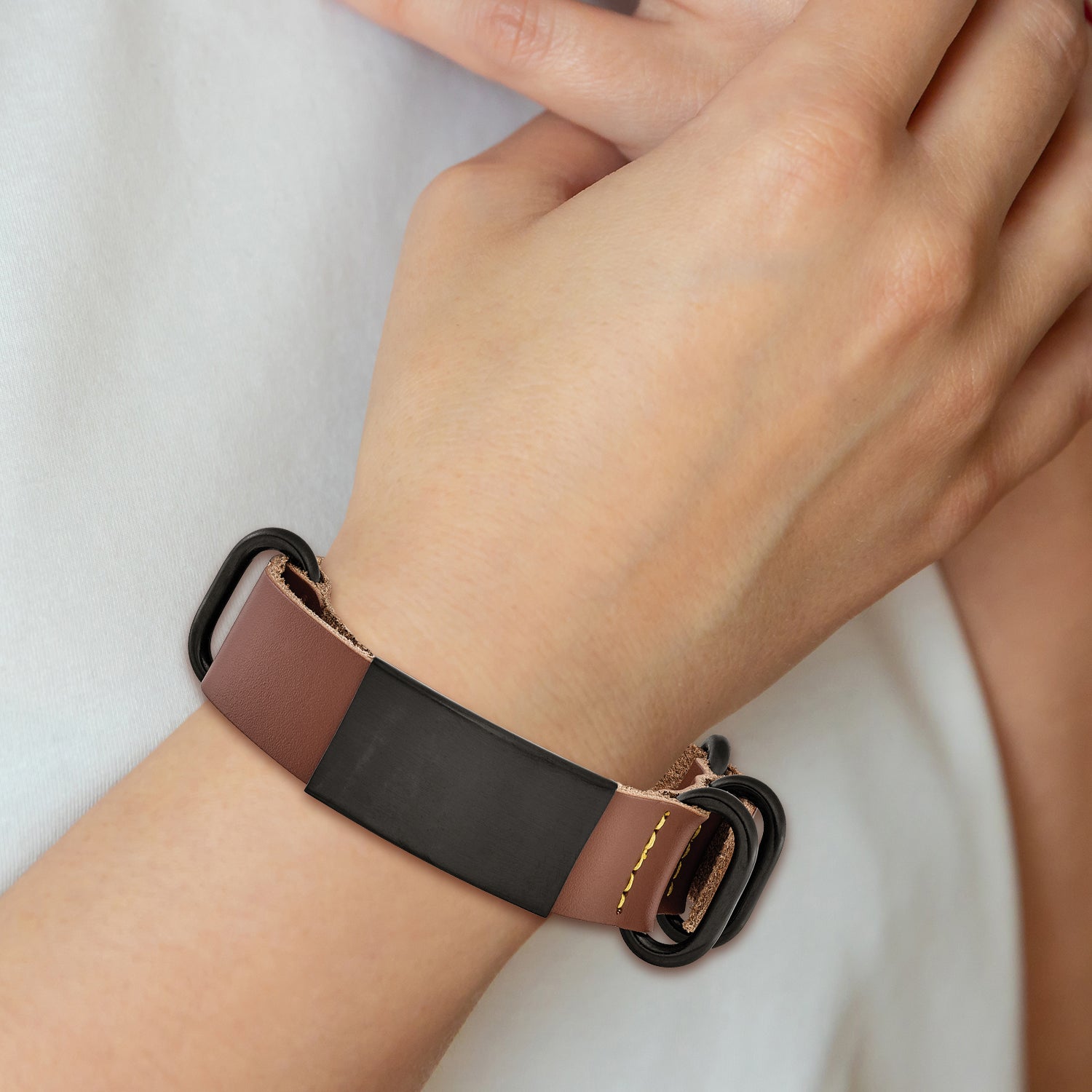 Stainless Steel Brushed Black IP-plated Brown Leather Adj. ID Bracelet for Men