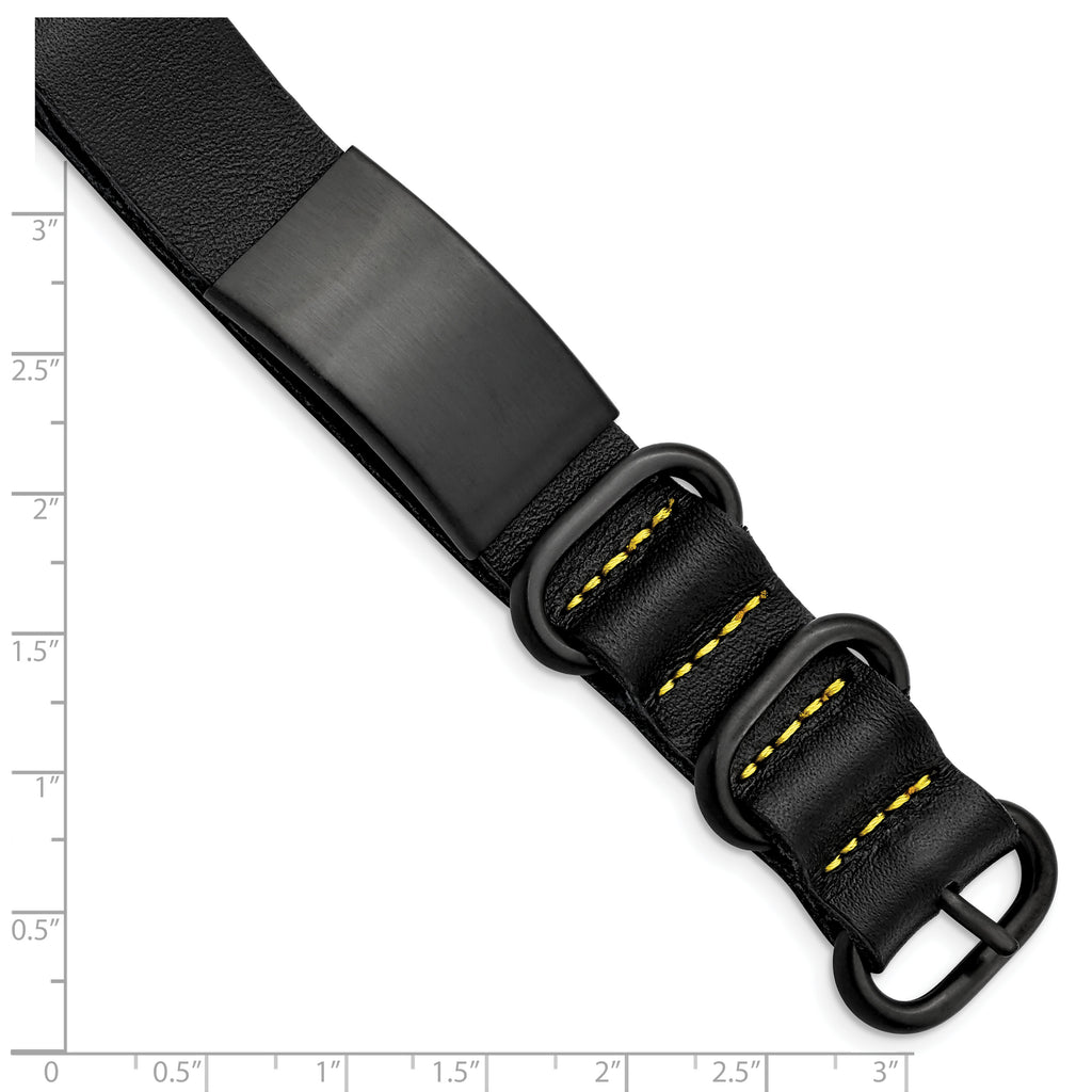 Stainless Steel Brushed Black IP-plated Black Leather Adj. ID Bracelet for Men