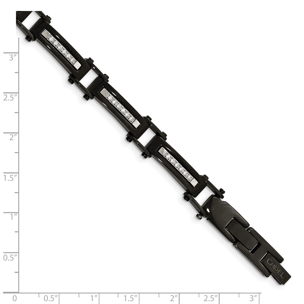 Stainless Steel Polished Black IP-plated with Cubic Zirconia Bracelet with . Extension for Men