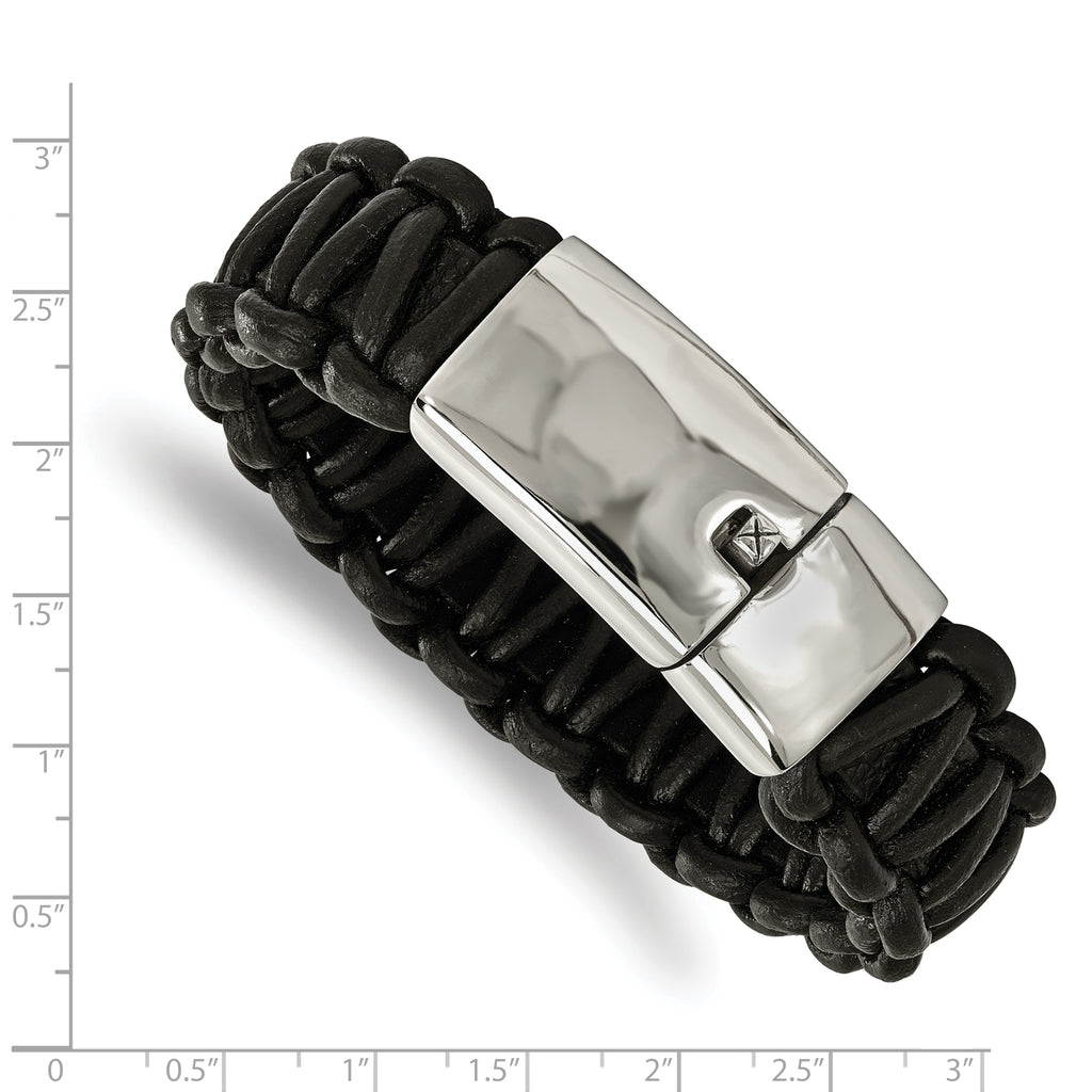 Stainless Steel Polished Rounded Braided Black Leather Bracelet for Men