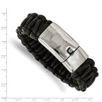 Stainless Steel Polished Rounded Braided Black Leather Bracelet for Men