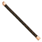 Stainless Steel Polished Rose IP-plated Brown Braided Leather Bracelet for Men