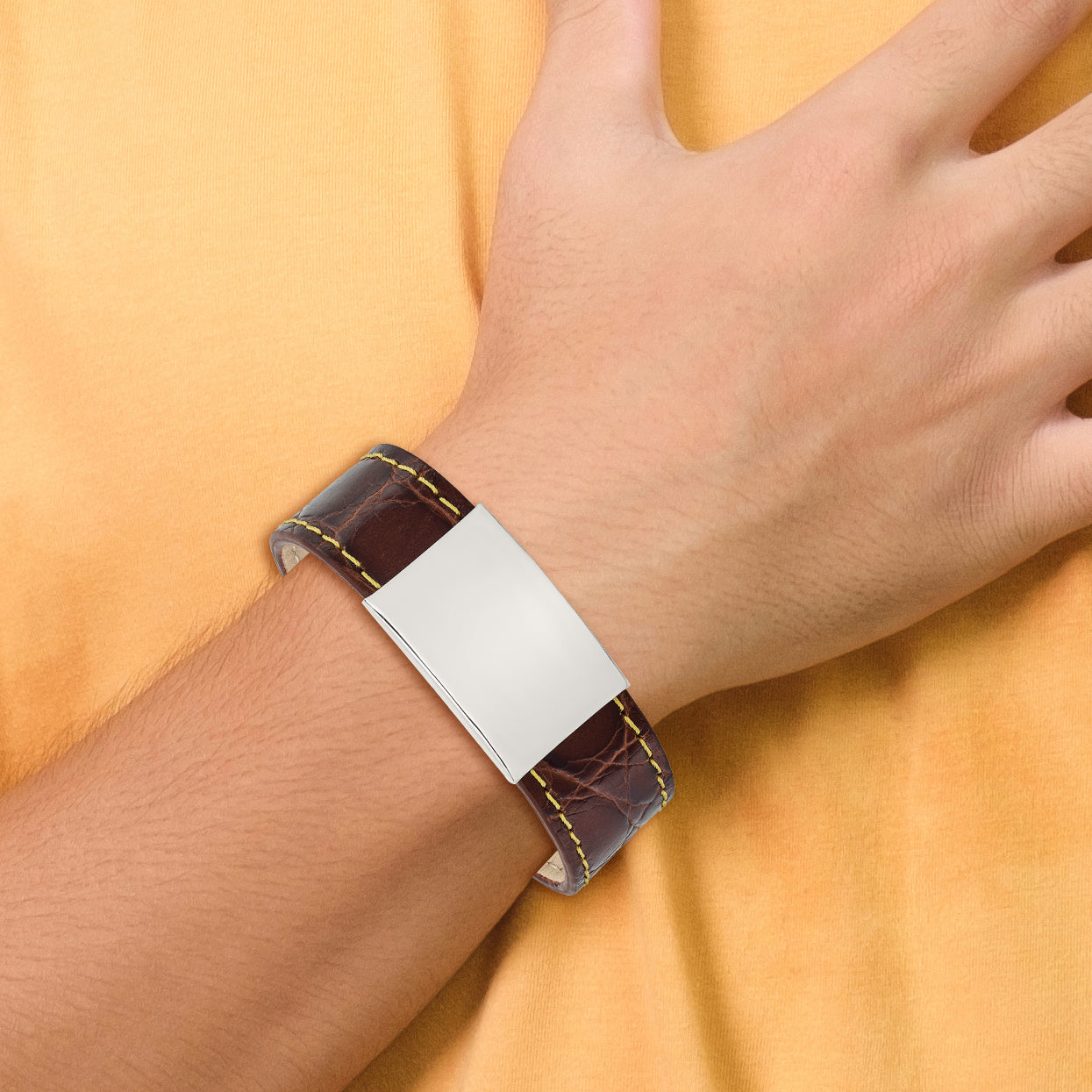 Stainless Steel Polished Brown Leather/Yellow Stitch ID Bracelet for Men