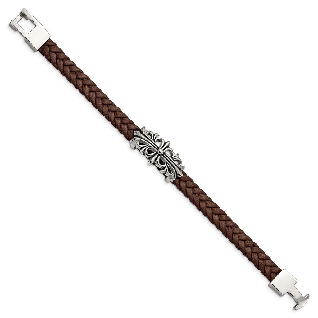 Stainless Steel Antiqued and Polished Cross Braided Brown Leather Bracelet for Men