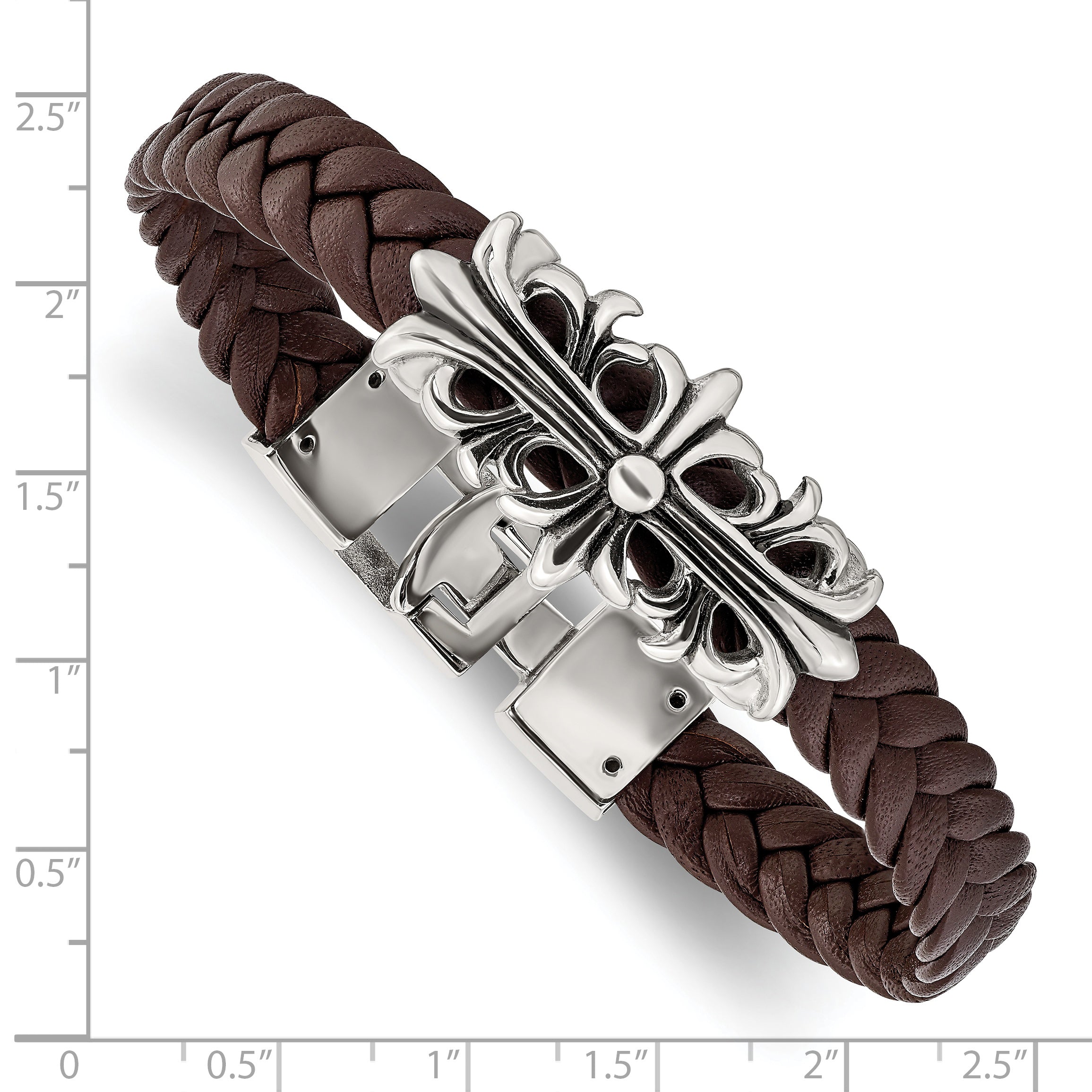 Stainless Steel Antiqued and Polished Cross Braided Brown Leather Bracelet for Men