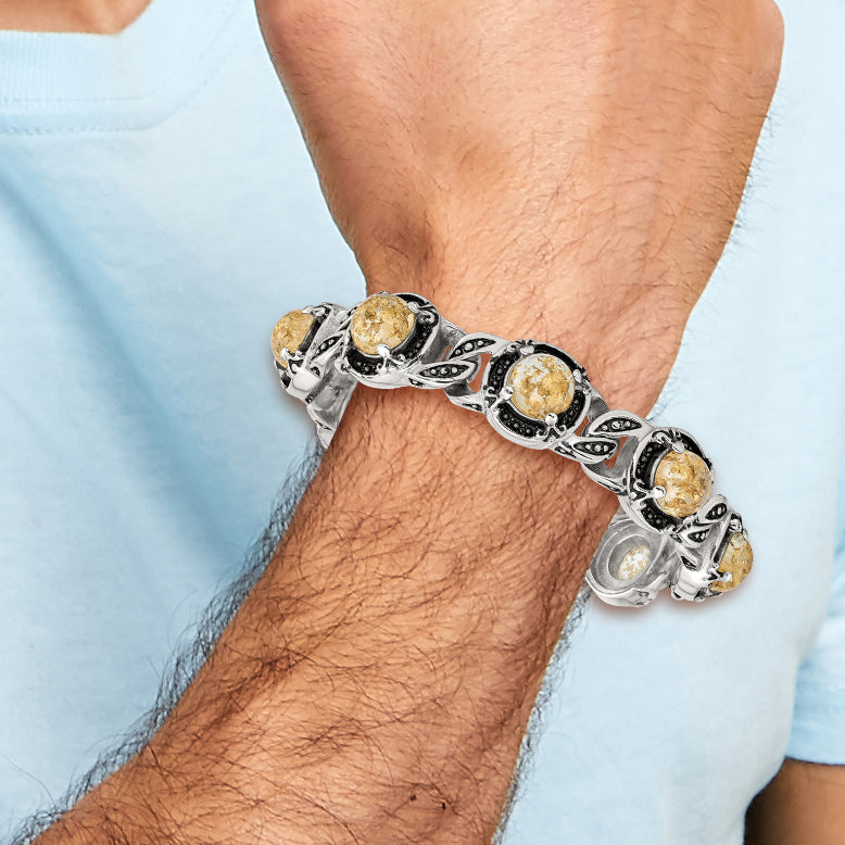 Stainless Steel Antiqued and Polished with Gold Tin Epoxy Resin Link Bracelet for Men