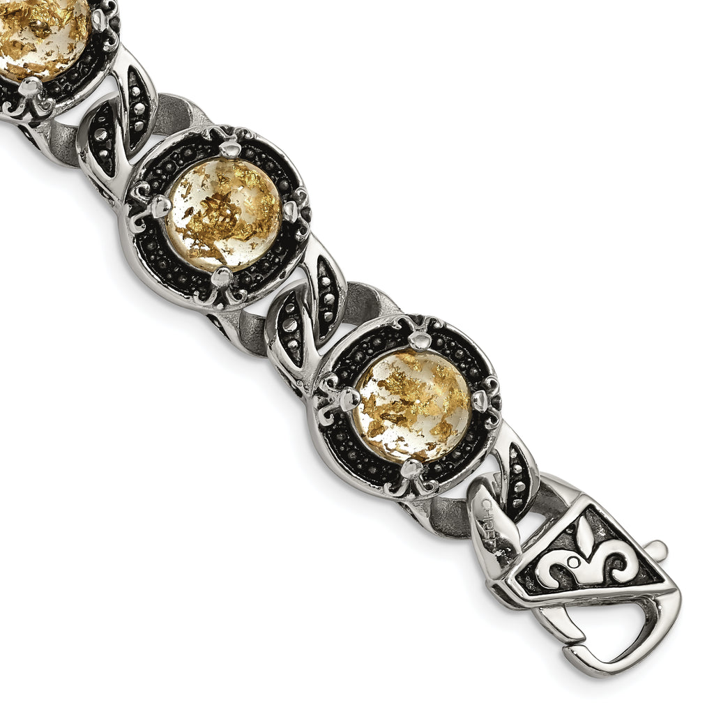 Stainless Steel Antiqued and Polished with Gold Tin Epoxy Resin Link Bracelet for Men
