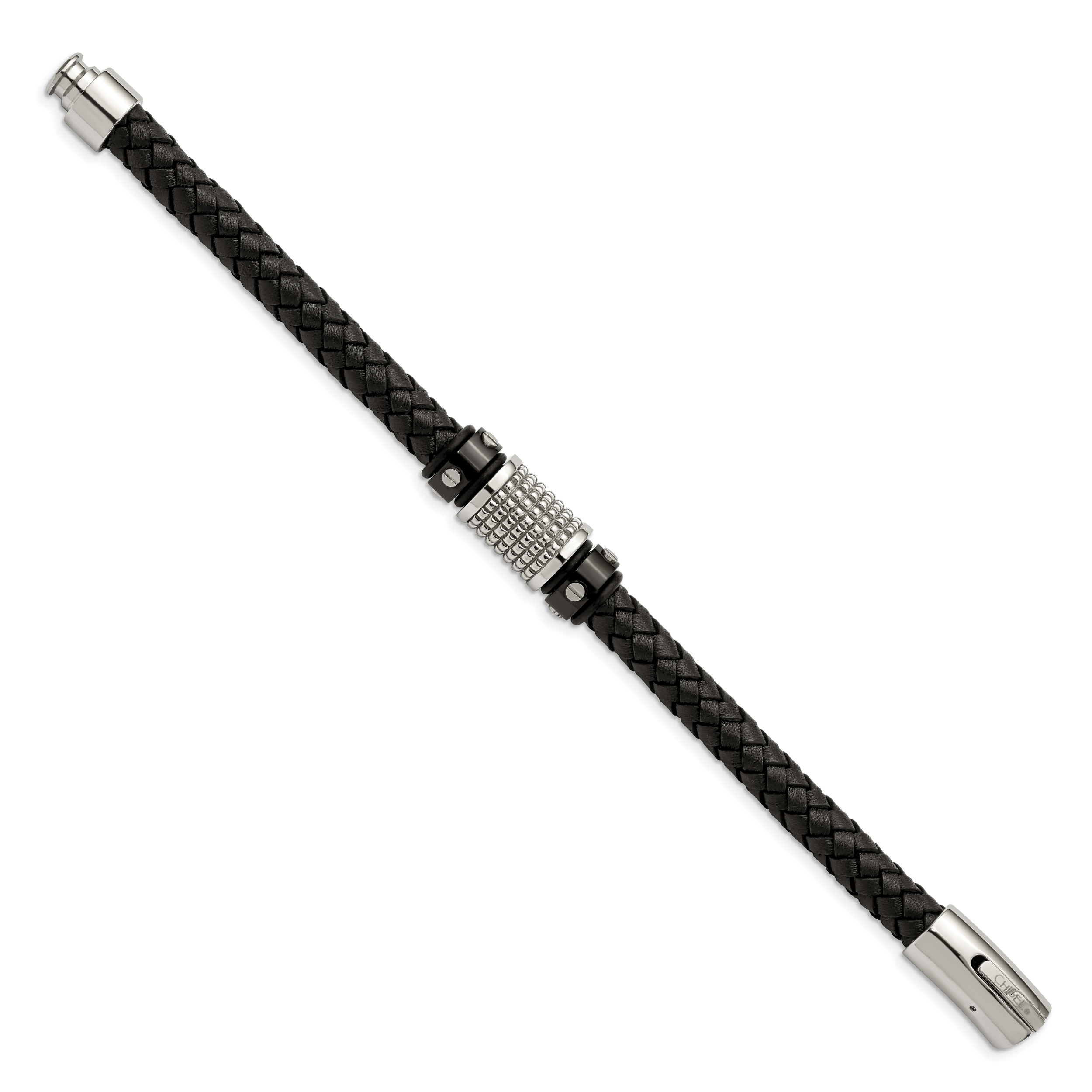 Stainless Steel Polished and Textured Black IP-plated Black Braided Leather and Rubber Bracelet for Men Secondary image