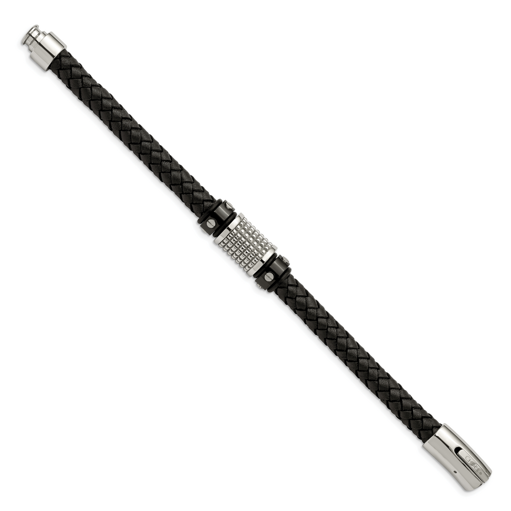 Stainless Steel Polished and Textured Black IP-plated Black Braided Leather and Rubber Bracelet for Men
