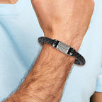 Stainless Steel Polished and Textured Black IP-plated Black Braided Leather and Rubber Bracelet for Men