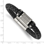 Stainless Steel Polished and Textured Black IP-plated Black Braided Leather and Rubber Bracelet for Men