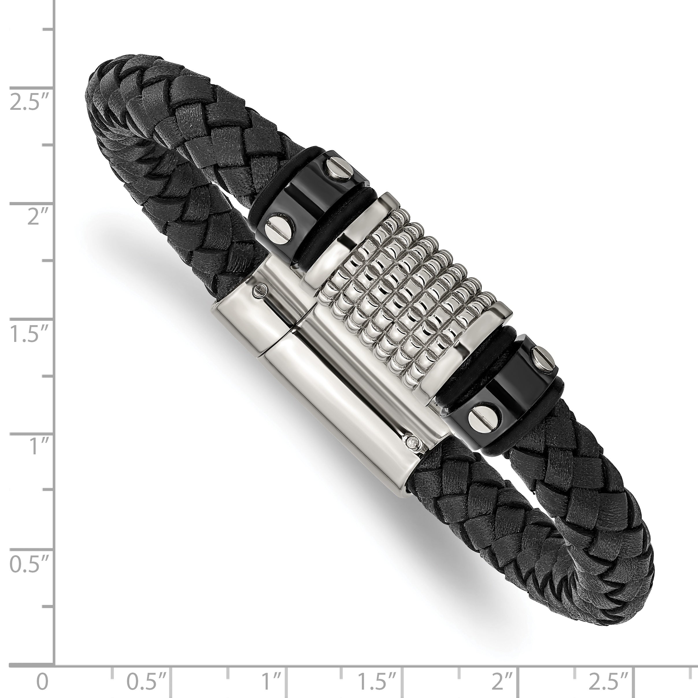 Stainless Steel Polished and Textured Black IP-plated Black Braided Leather and Rubber Bracelet for Men