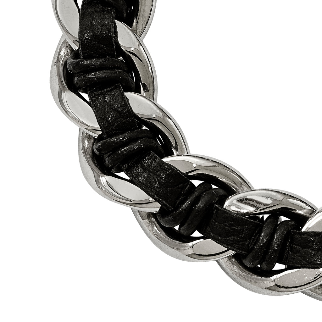 Stainless Steel Antiqued and Polished Dragon Head Curb Chain with Black Leather Bracelet for Men