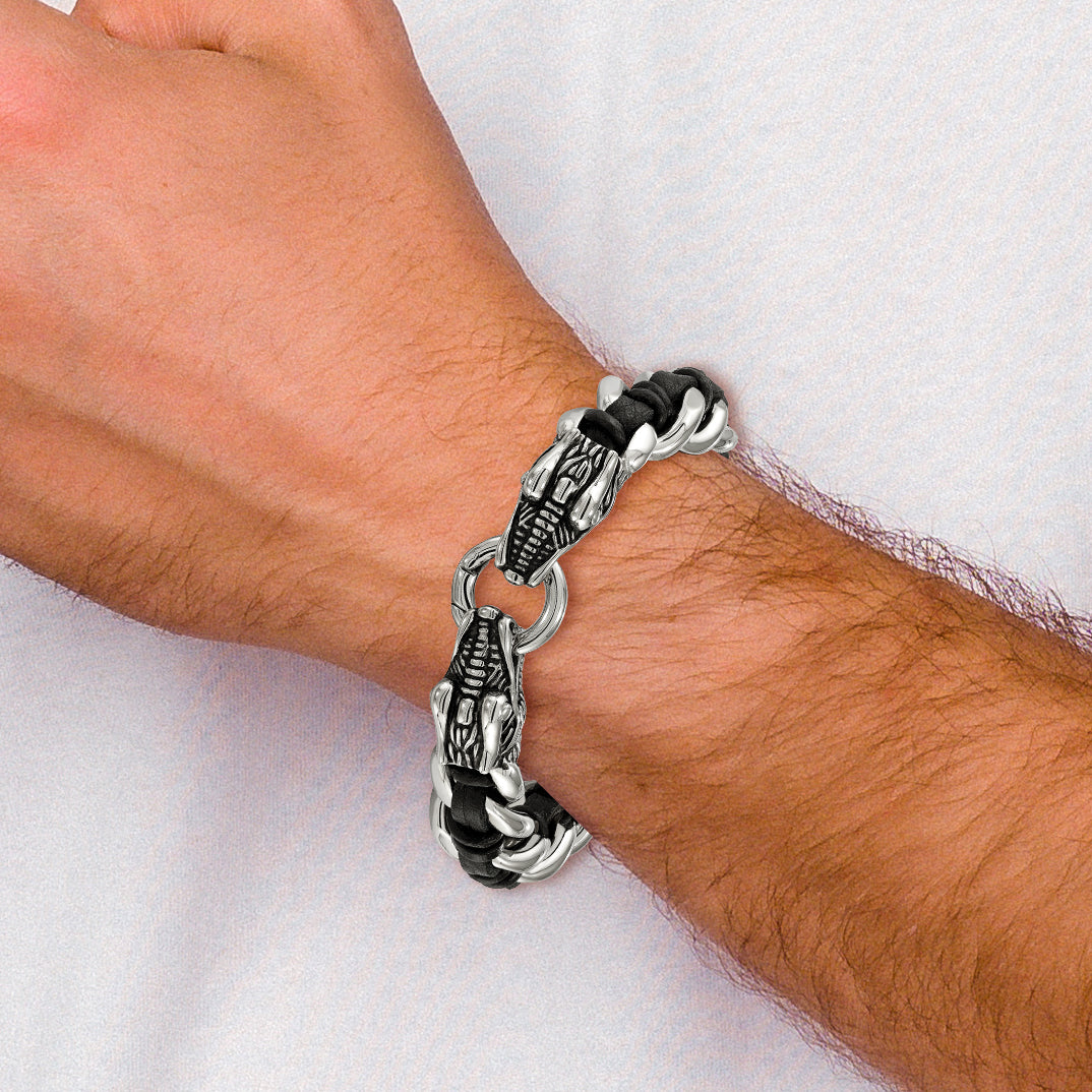 Stainless Steel Antiqued and Polished Dragon Head Curb Chain with Black Leather Bracelet for Men