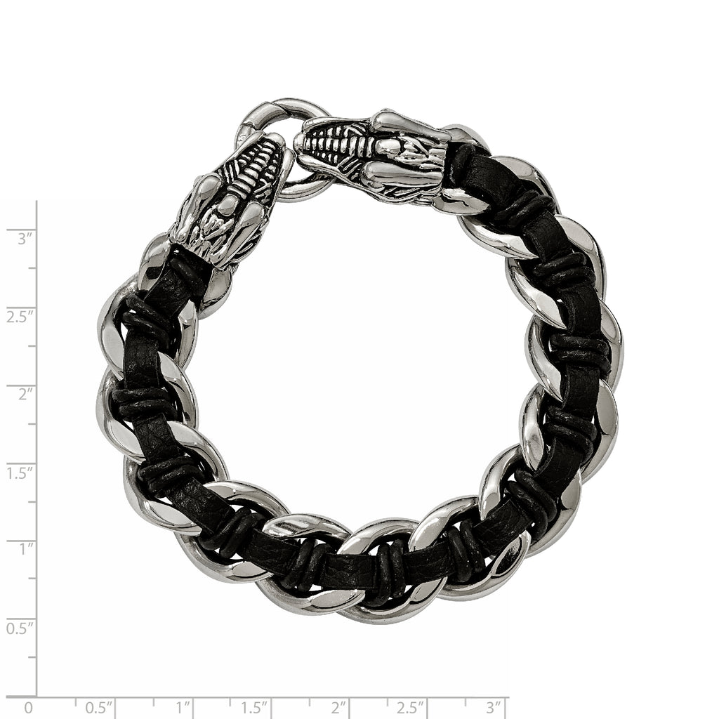 Stainless Steel Antiqued and Polished Dragon Head Curb Chain with Black Leather Bracelet for Men