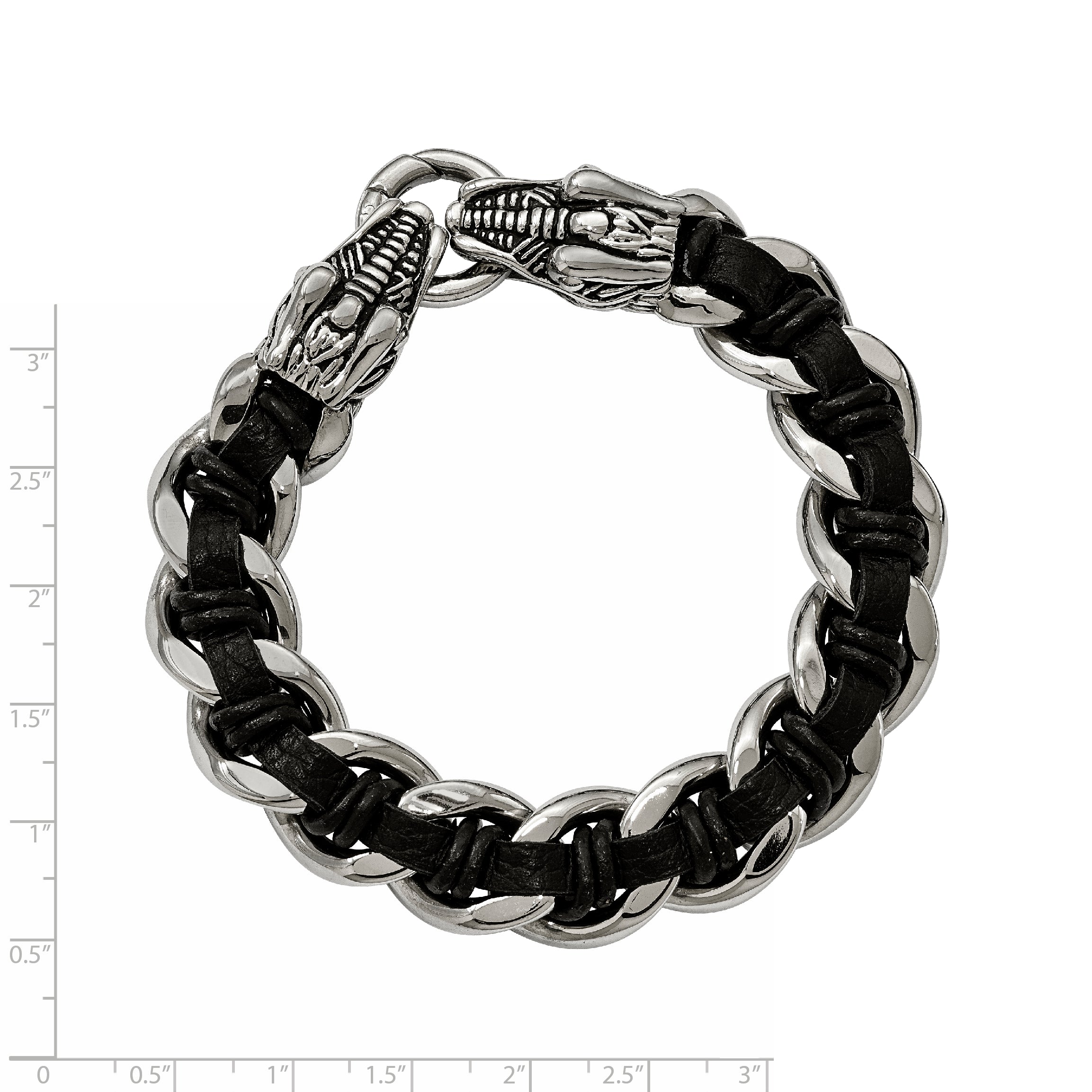 Stainless Steel Antiqued and Polished Dragon Head Curb Chain with Black Leather Bracelet for Men