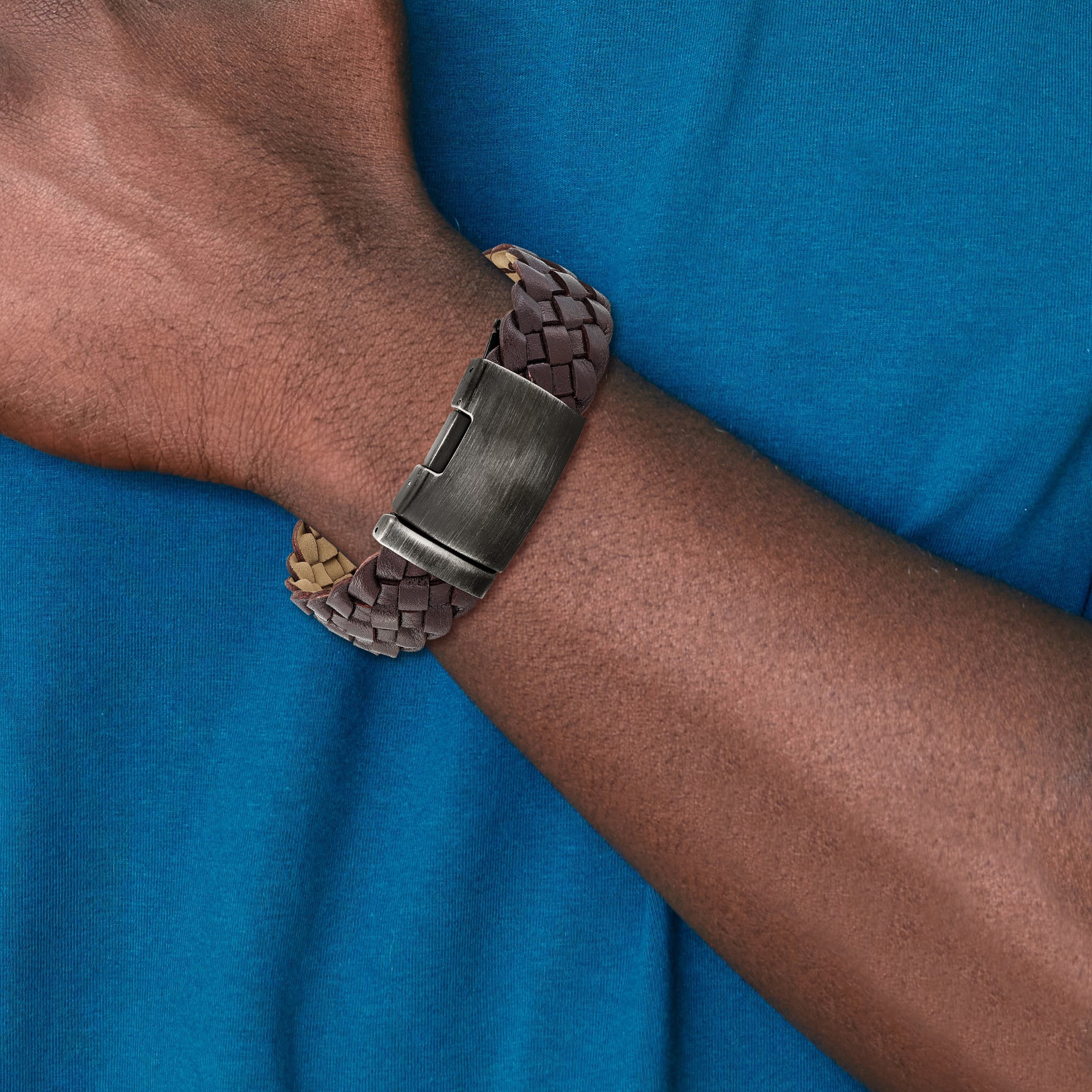 Stainless Steel Antiqued and Brushed Brown Braided Leather Bracelet for Men