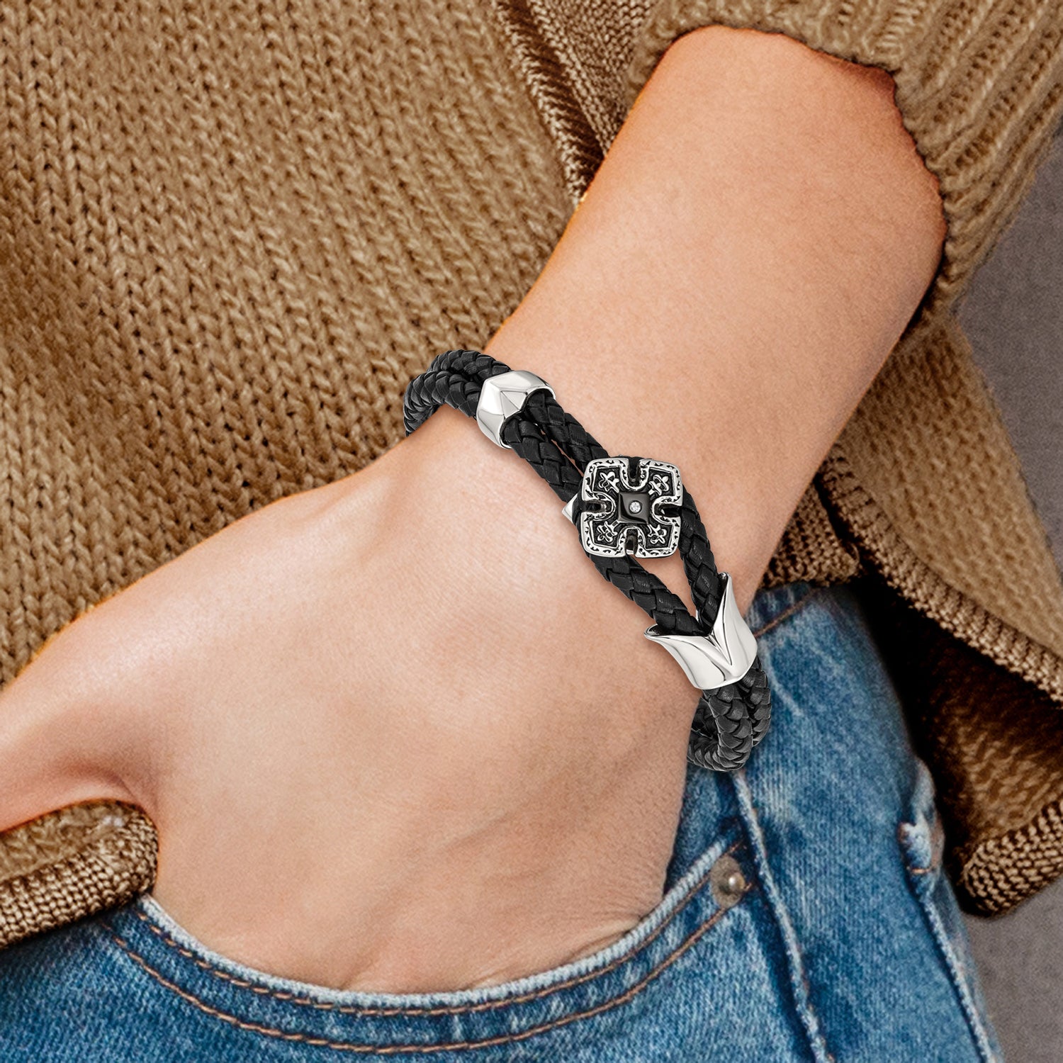 Stainless Steel Polished Black IP with Cubic Zirconia Braided Black Leather Bracelet for Men
