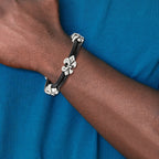 Stainless Steel Antiqued & Polished Fleur De Lis Black Leather Bracelet for Men