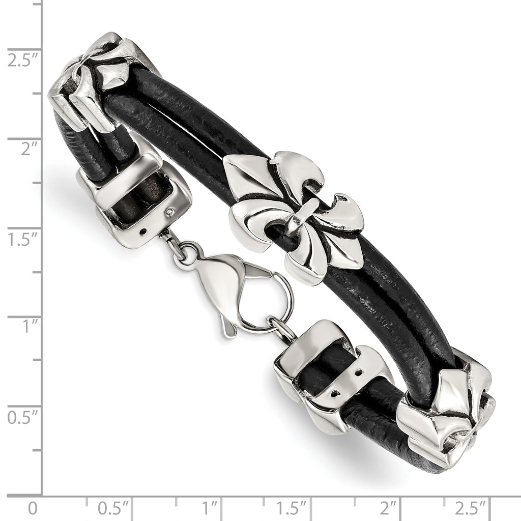 Stainless Steel Antiqued & Polished Fleur De Lis Black Leather Bracelet for Men