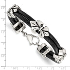 Stainless Steel Antiqued & Polished Fleur De Lis Black Leather Bracelet for Men
