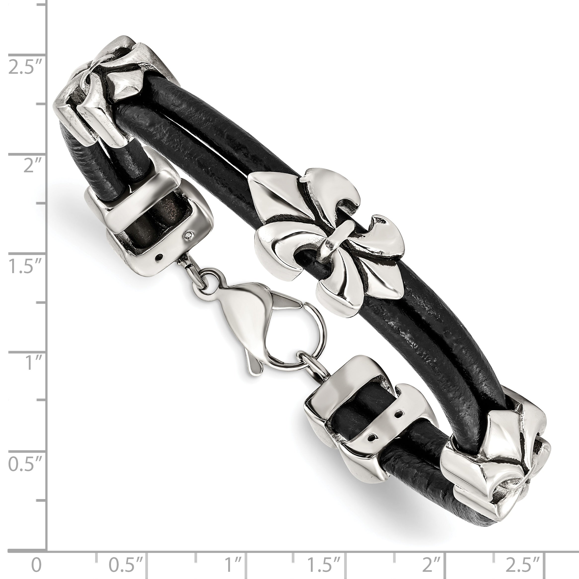 Stainless Steel Antiqued & Polished Fleur De Lis Black Leather Bracelet for Men