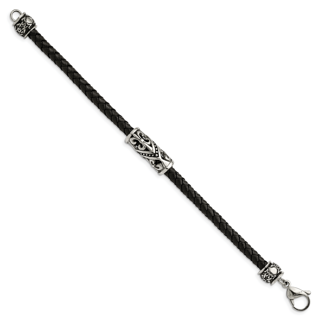 Stainless Steel Antiqued Polished and Textured Fleur de Lis Black Braided Leather Bracelet for Men