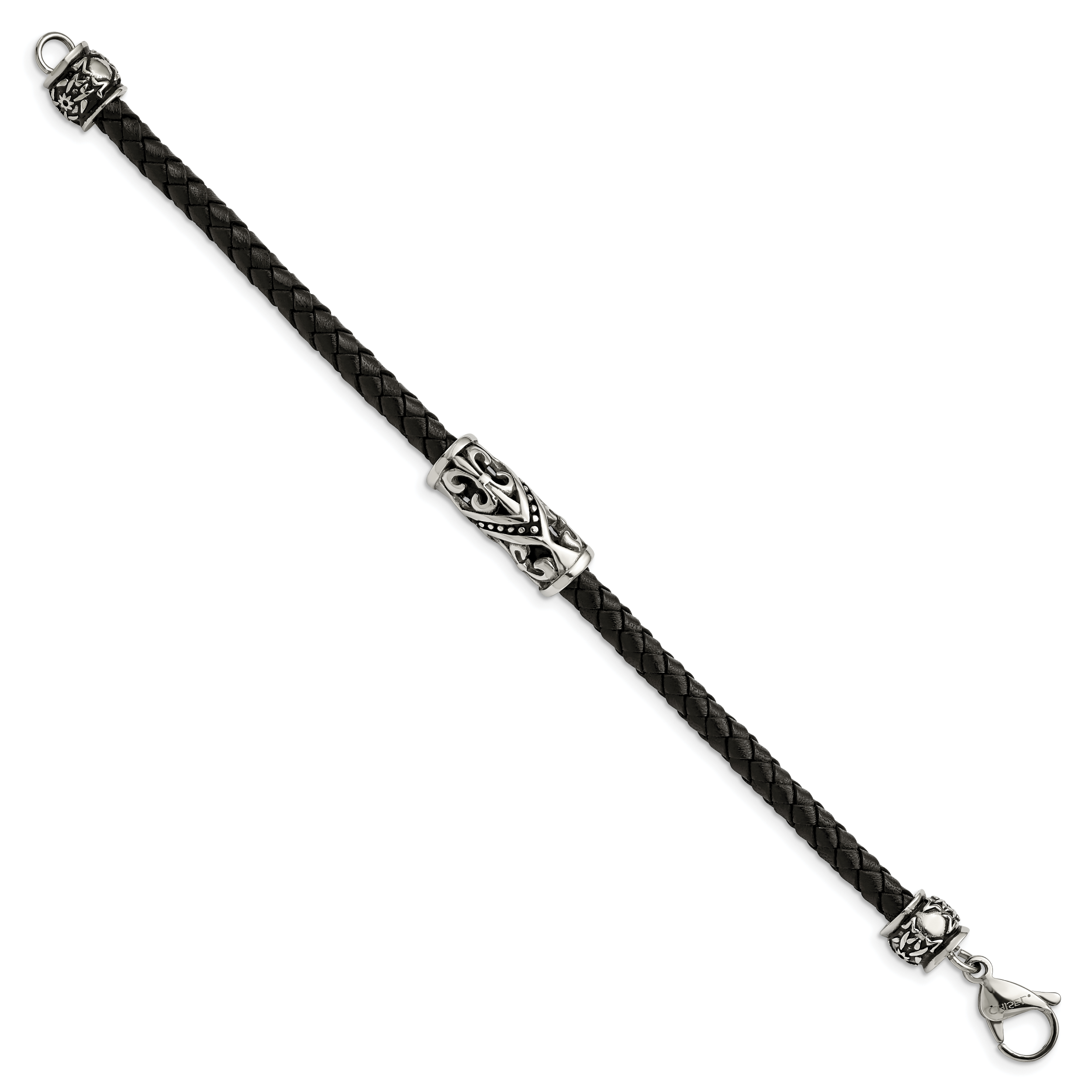 Stainless Steel Antiqued Polished and Textured Fleur de Lis Black Braided Leather Bracelet for Men