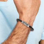 Stainless Steel Antiqued Polished and Textured Fleur de Lis Black Braided Leather Bracelet for Men