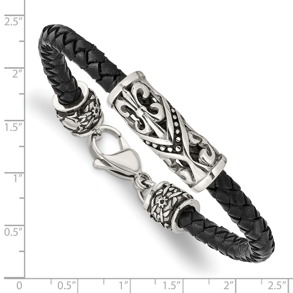 Stainless Steel Antiqued Polished and Textured Fleur de Lis Black Braided Leather Bracelet for Men