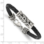 Stainless Steel Antiqued Polished and Textured Fleur de Lis Black Braided Leather Bracelet for Men