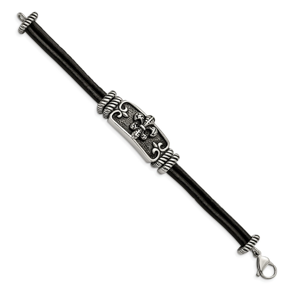 Stainless Steel Antiqued and Polished Fleur de Lis 2 Strand Black Leather Bracelet for Men