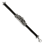Stainless Steel Antiqued and Polished Fleur de Lis 2 Strand Black Leather Bracelet for Men