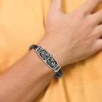 Stainless Steel Antiqued and Polished Fleur de Lis 2 Strand Black Leather Bracelet for Men