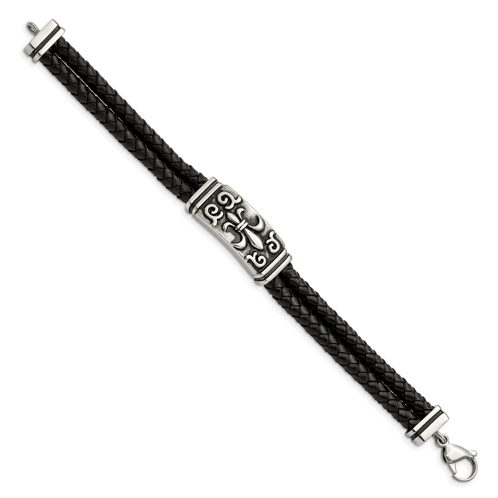 Stainless Steel Antiqued and Polished Fleur de Lis 2 Strand Black Braided Leather Bracelet for Men