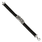 Stainless Steel Antiqued and Polished Fleur de Lis 2 Strand Black Braided Leather Bracelet for Men