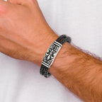Stainless Steel Antiqued and Polished Fleur de Lis 2 Strand Black Braided Leather Bracelet for Men