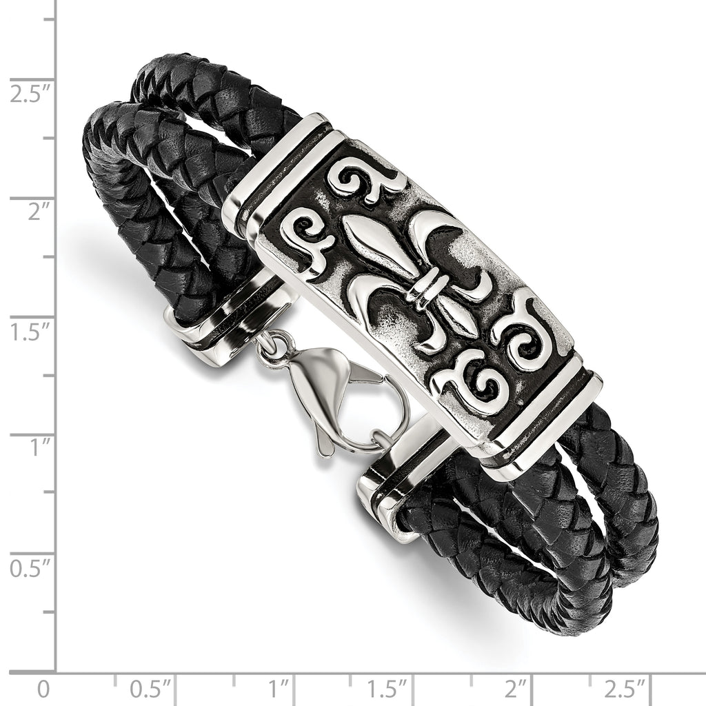 Stainless Steel Antiqued and Polished Fleur de Lis 2 Strand Black Braided Leather Bracelet for Men