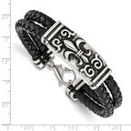 Stainless Steel Antiqued and Polished Fleur de Lis 2 Strand Black Braided Leather Bracelet for Men