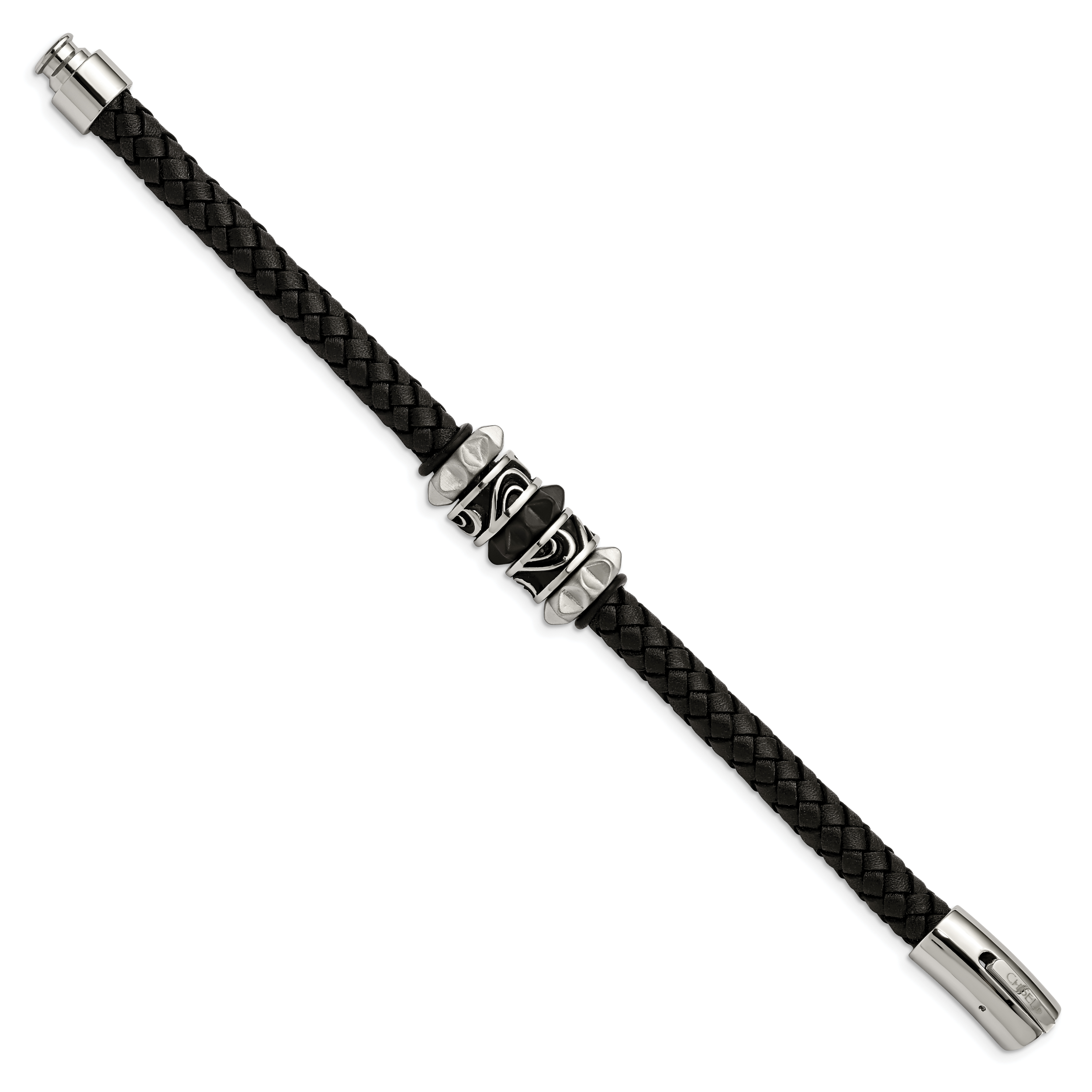 Stainless Steel Antiqued Brushed and Polished Black IP-plated Black Braided Leather Bracelet for Men Secondary image