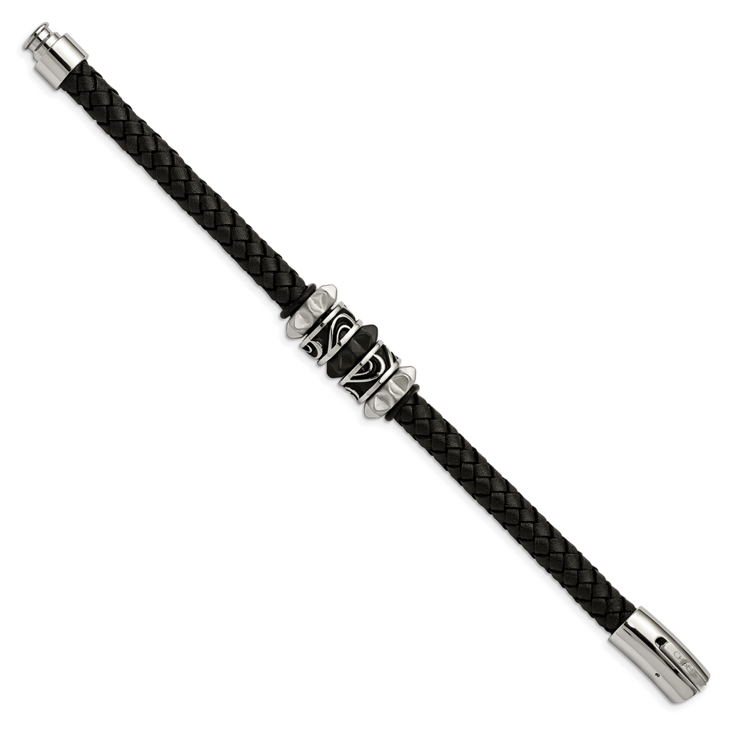 Stainless Steel Antiqued Brushed and Polished Black IP-plated Black Braided Leather Bracelet for Men