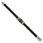 Stainless Steel Antiqued Brushed and Polished Black IP-plated Black Braided Leather Bracelet for Men