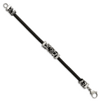 Stainless Steel Antiqued & Polished Filigree Black Leather Cord Bracelet for Men